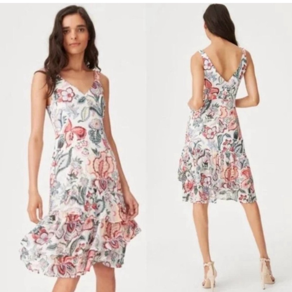 Stunning Club Monaco White Floral Midi Dress with Pink & Green Print